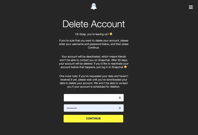 screenshot of the snapchat website when you want to delete your snapchat account 