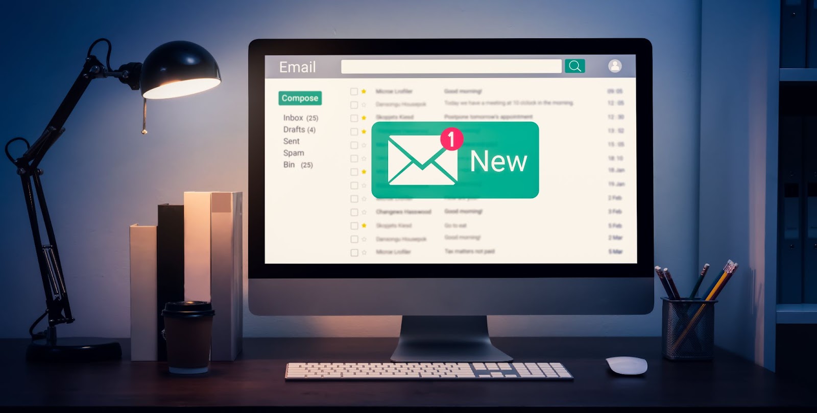 1 new email notification on a desktop computer
