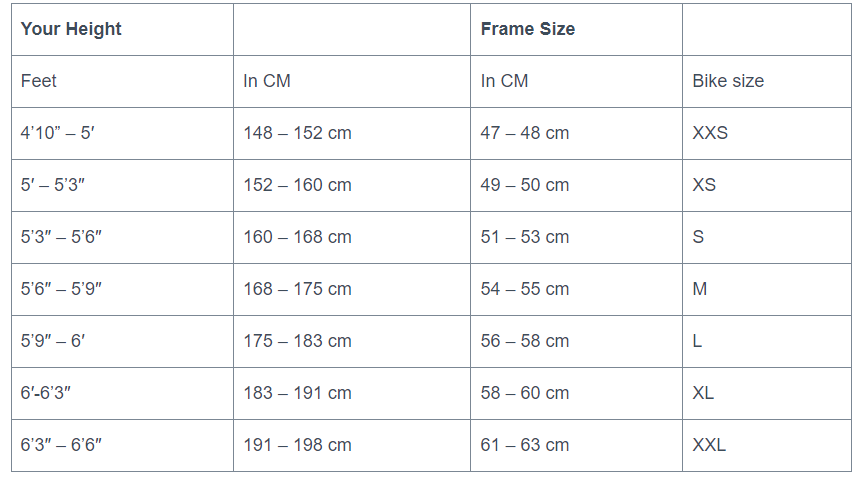 Using the chart to determine the bicycle size by height is the simplest way of finding the perfect bike for you