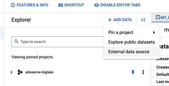 Screenshot of how to select BigLake as a Connection Type in BigQuery.