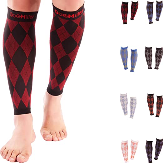 Doc Miller Calf Compression Sleeve Men & Women - 20-30mmHg Calf Sleeve - Relief from Shin Splint Leg Pain Calf Muscle Injuries - Support for Running and Everyday Use - 1 Pair - Black and Red - Large