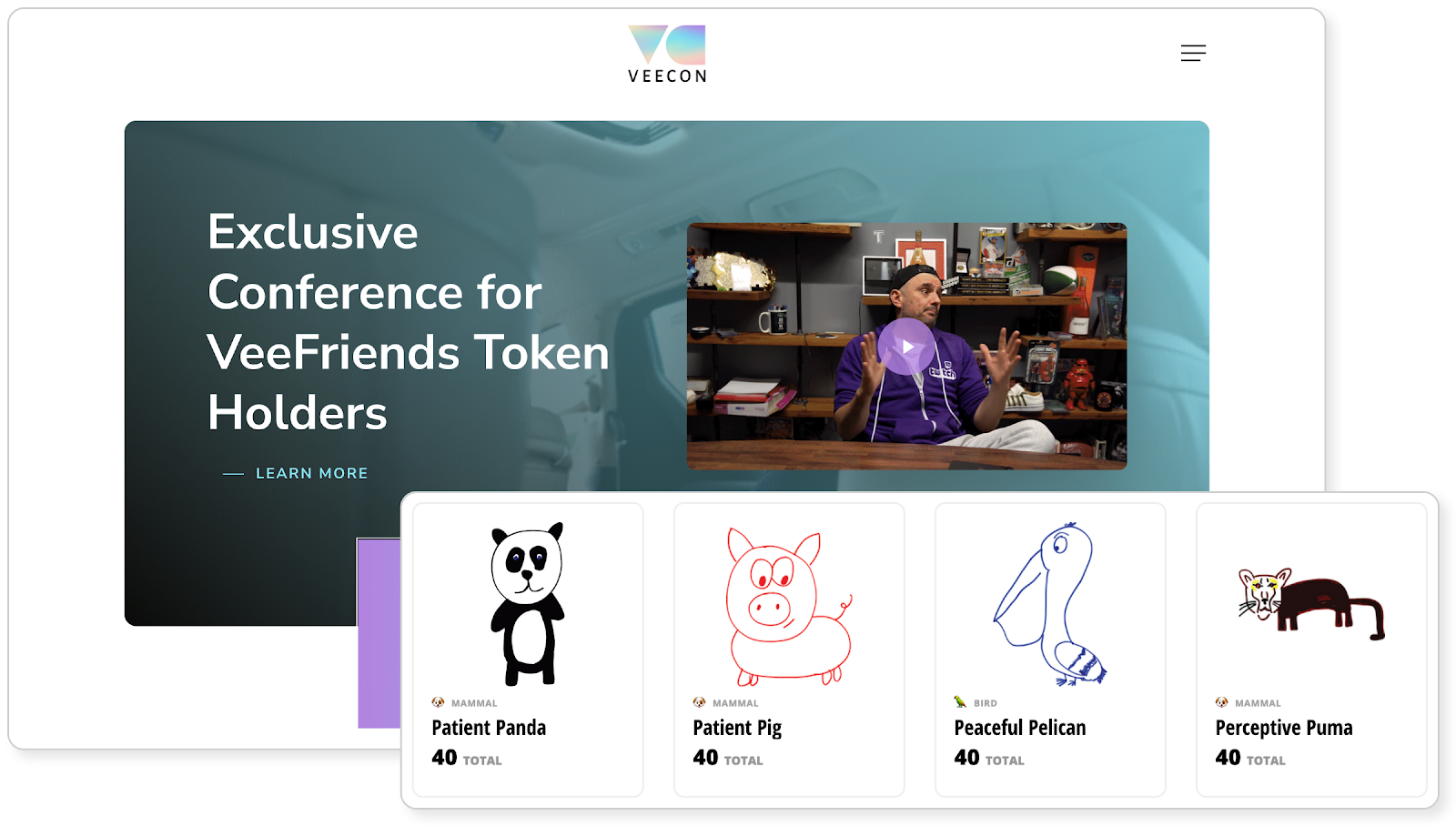 Screenshot from the VeeCon website and some of the handdrawn NFTs from the VeeFriends collection.