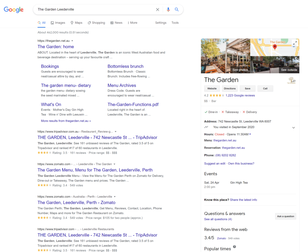 The Garden Leederville Google My Business listing