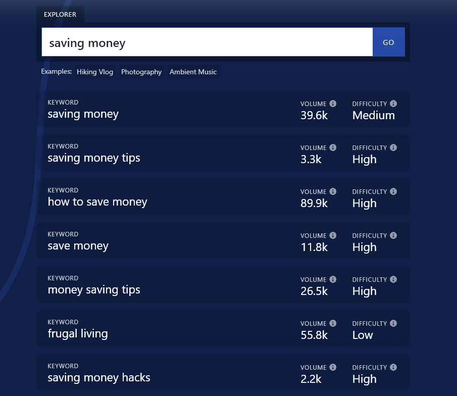 Screenshot Example of YouTube Keyword Research Tool in Action (Saving Money Keyword Phrase)