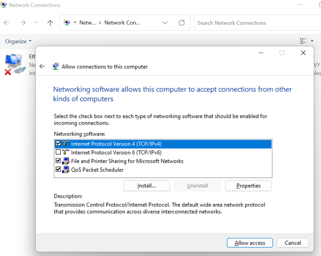 A screenshot of the Windows interface showing a list of networking software that will be enabled for incoming connections.