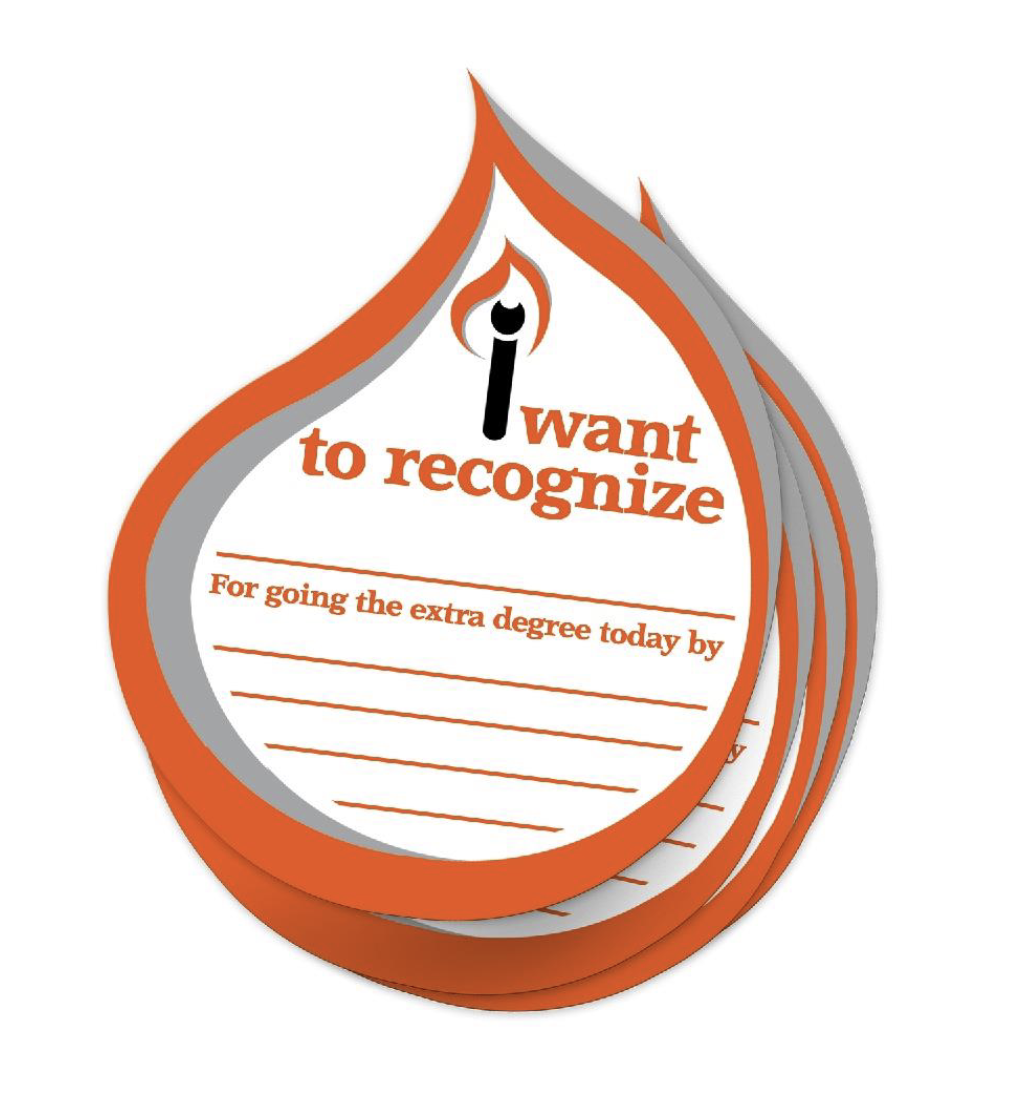 Flame-shaped post-it note that says "I just want to recognize" with blank spaces