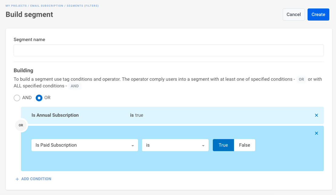 OR segmentation in Pushwoosh