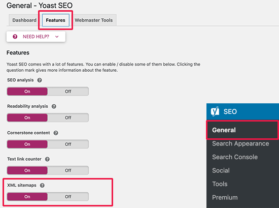 Opção Yoast SEO XML Sitemap