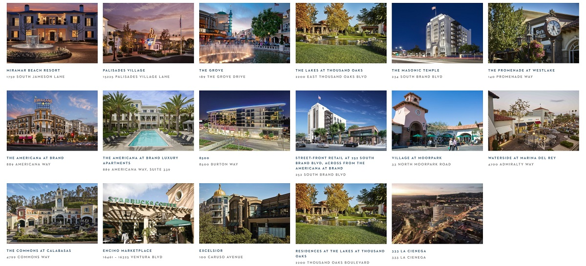 Propriedades de Caruso, incluindo shoppings ao ar livre e apartamentos.