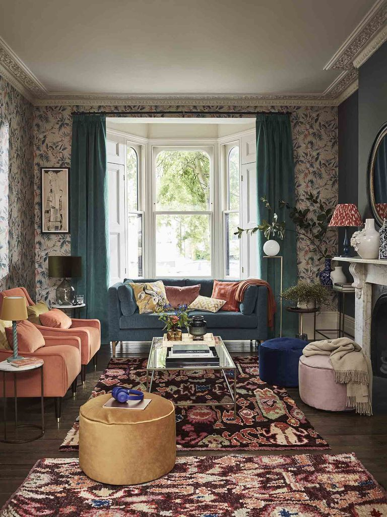Eclectic granny chic living room with velvet furniture and seating 