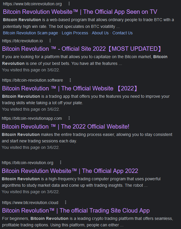 Bitcoin Revolution websites in Google results