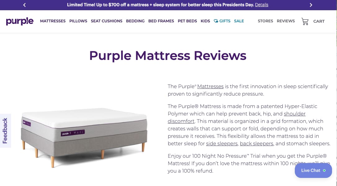testimonial page examples - purple mattress