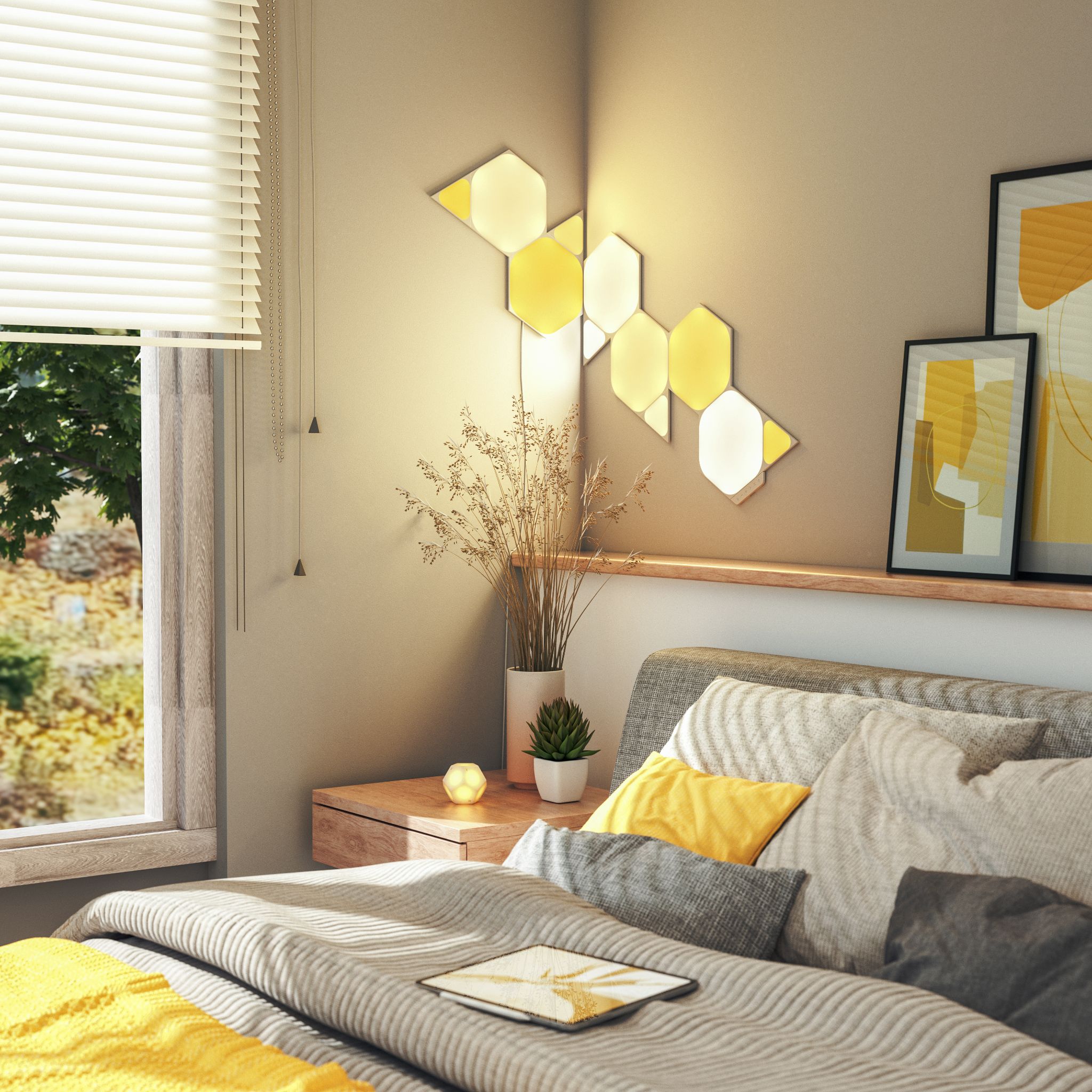 Nanoleaf Shapes in a bedroom with warm yellow lighting.