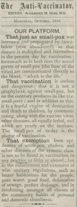 Source: Alex M. Ross, The Anti-Vaccinator, and Advocate of Cleanliness, Montreal, October 1885. 