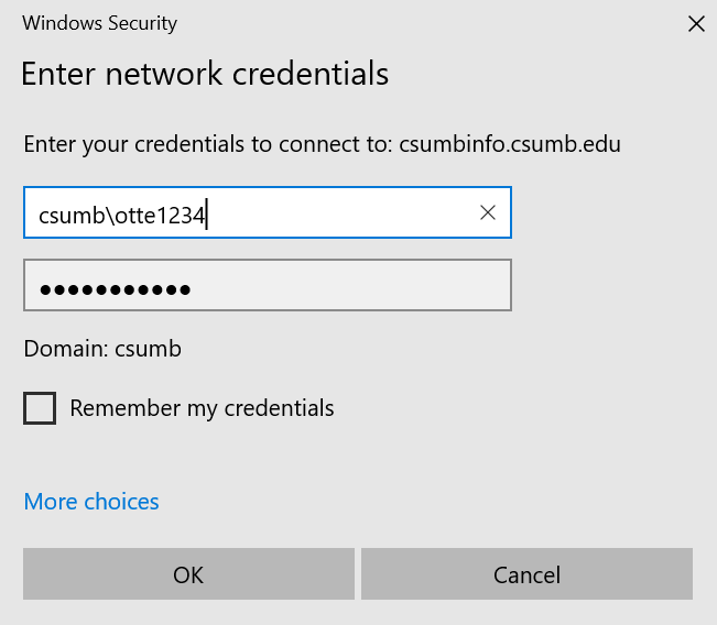 Enter Network Credentials windwo