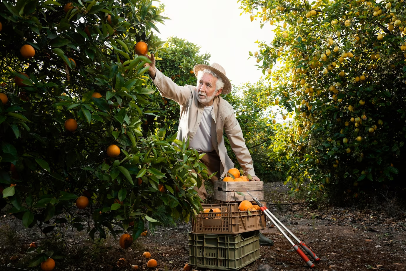 old person collecting orange fruits from plant