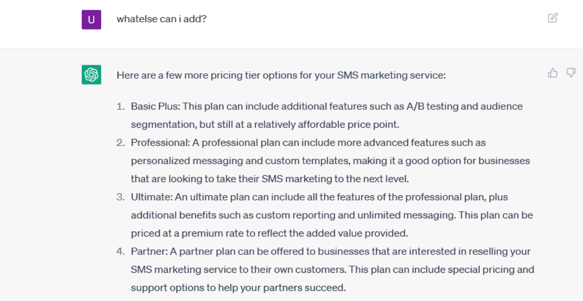 chatgpt prompt and response to set pricing tiers