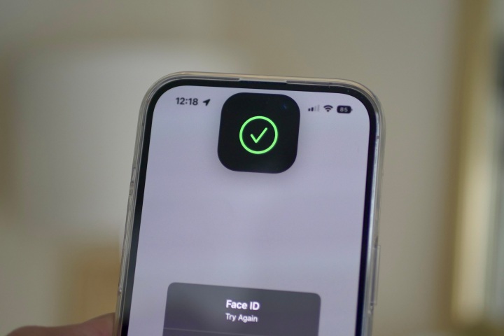 Значок галочки Face ID на Dynamic Island iPhone 14 Pro.