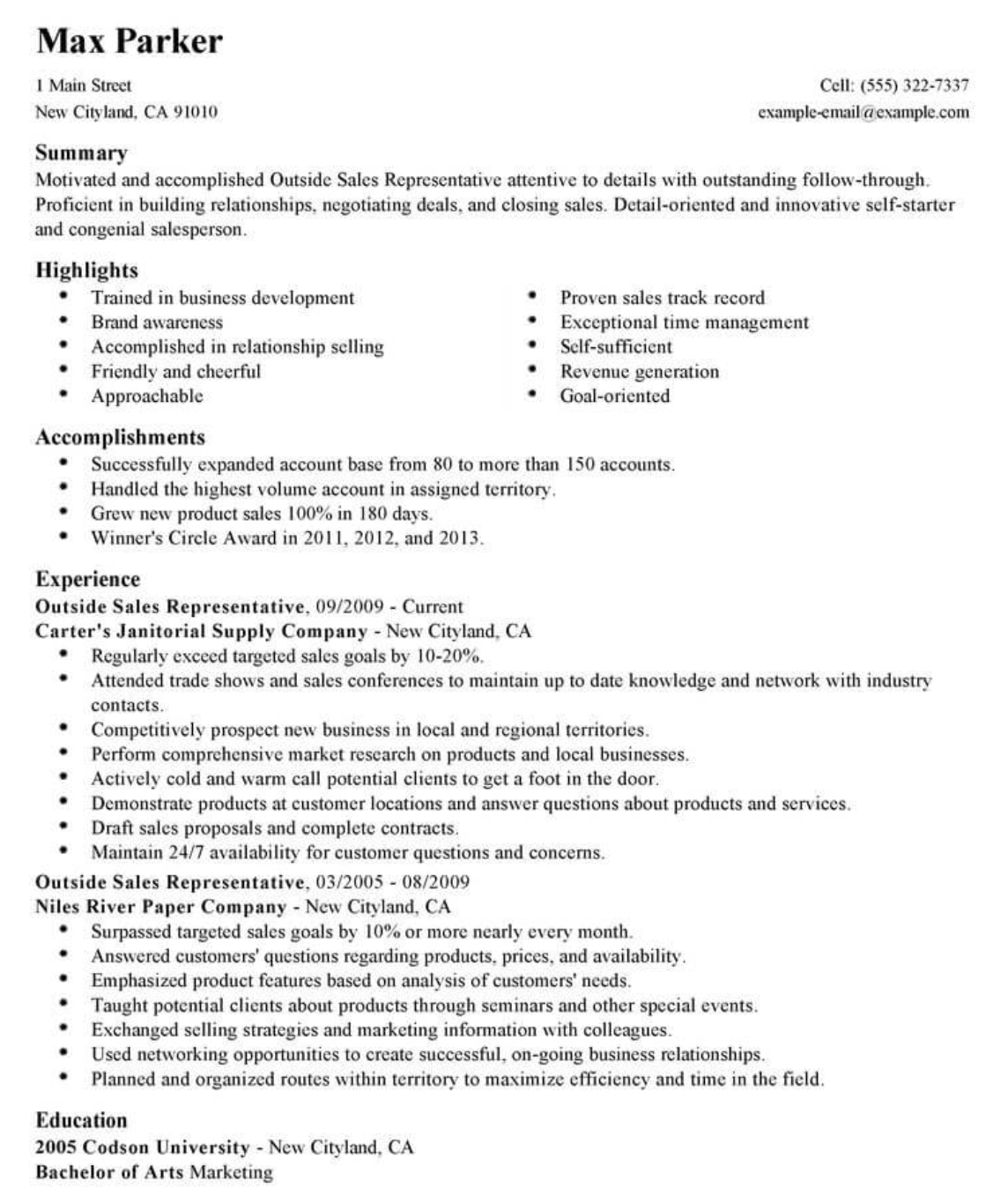 outside sales manager resume example