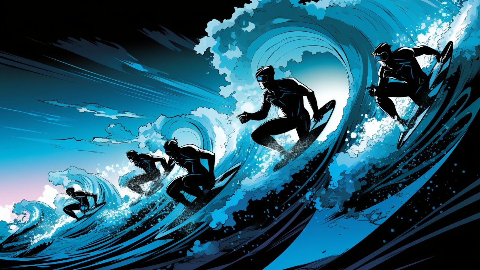 game image showing five figures surfing