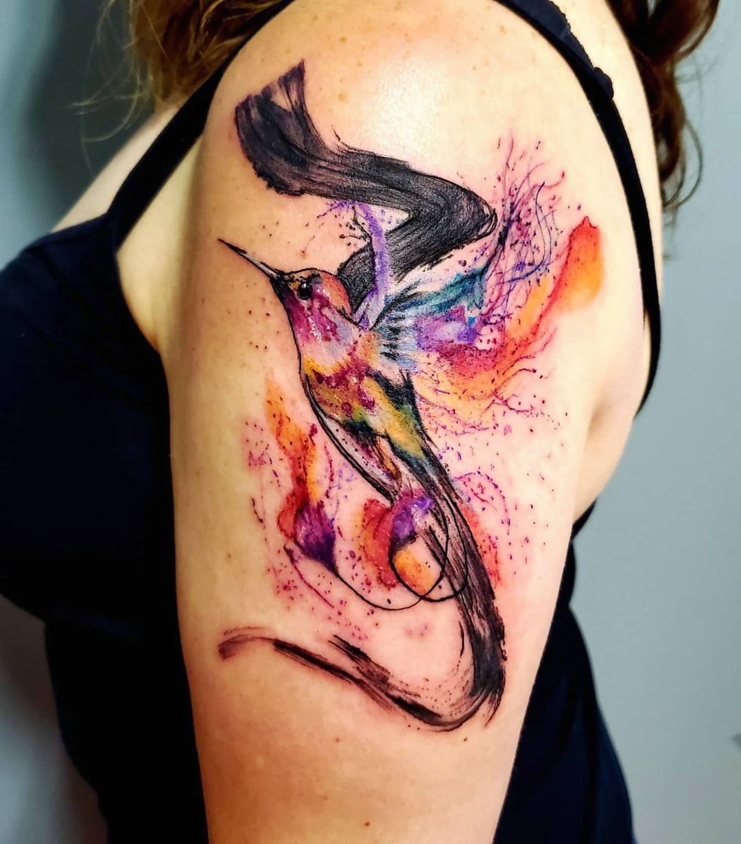 Colorful Abstract Hummingbird Tattoo