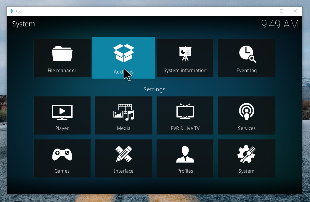 Screenshot within Kodi's settings menu highlighting Add-ons