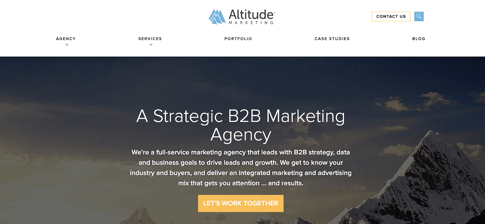 Altitude agency homepage with a winter mountain background at white text that reads "A Strategic B2B Marketing Agency"