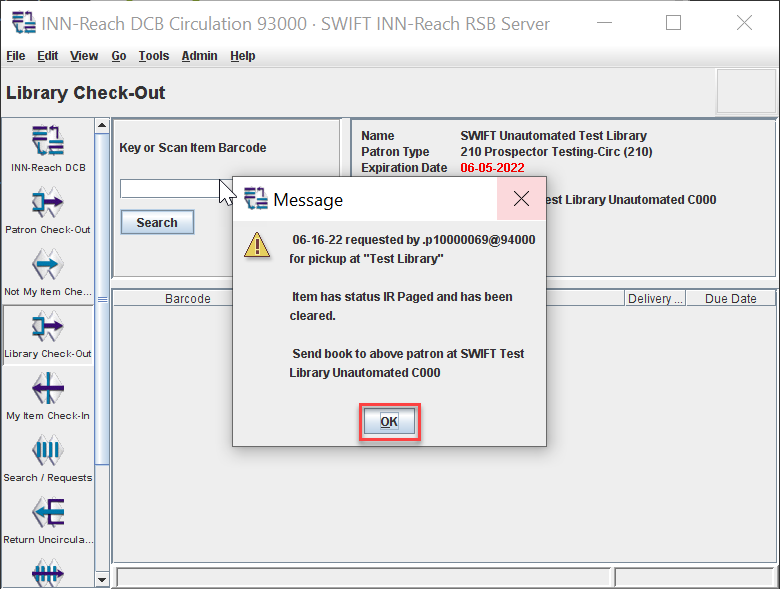 Millennium RSB client Library Check-Out status message dialog box