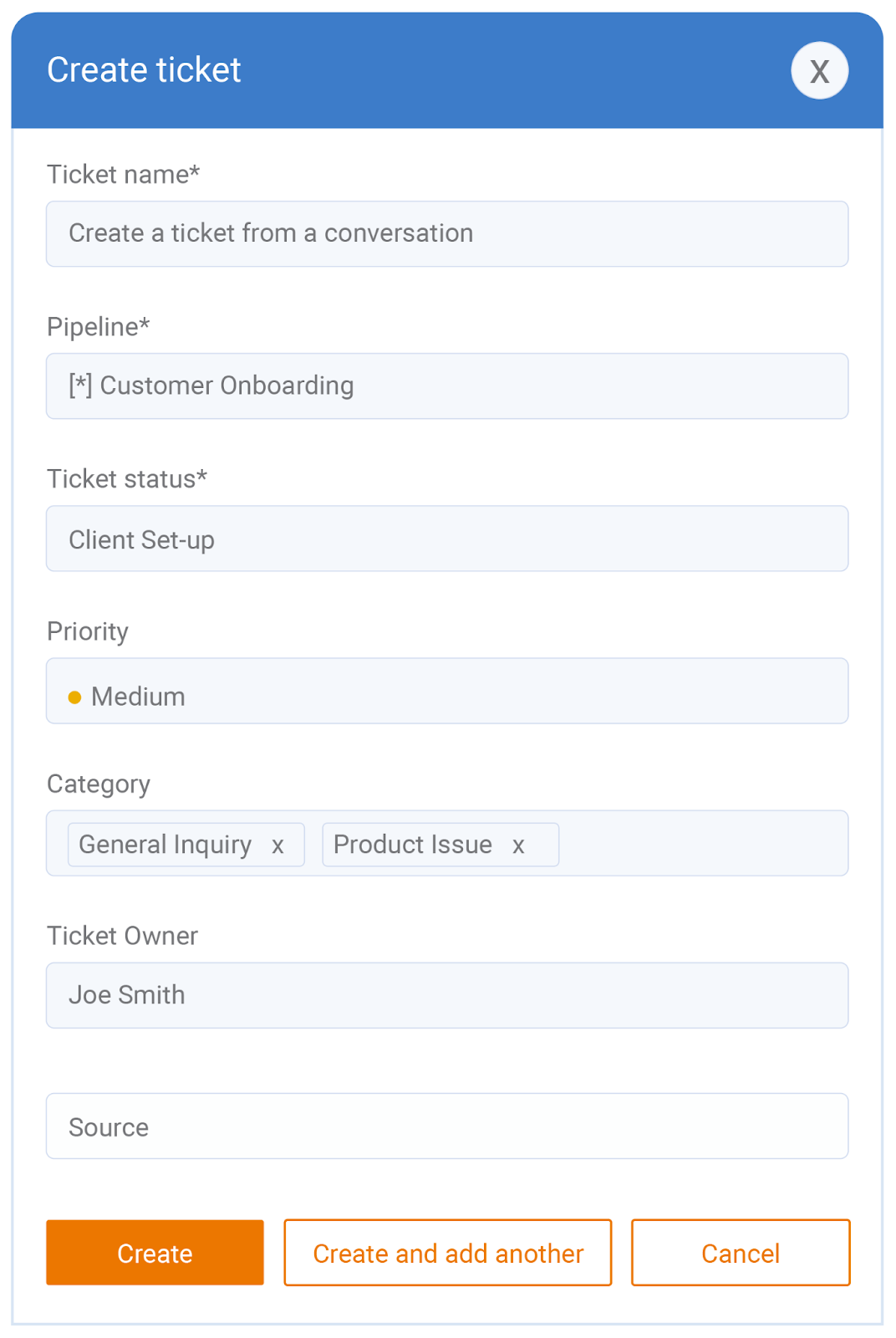 Screenshot of an interface to create support tickets