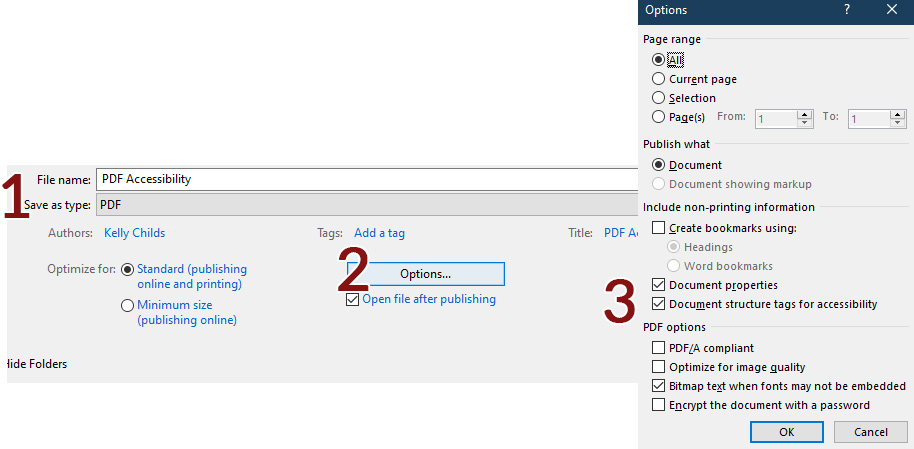 Save as PDF and select document structure tags for accessibility in the options dialog