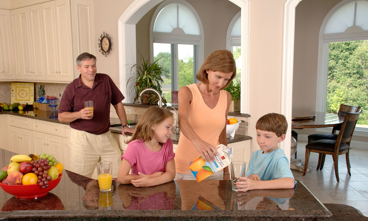 Family Drinking Orange Juice, Glass, Pouring, Healthy