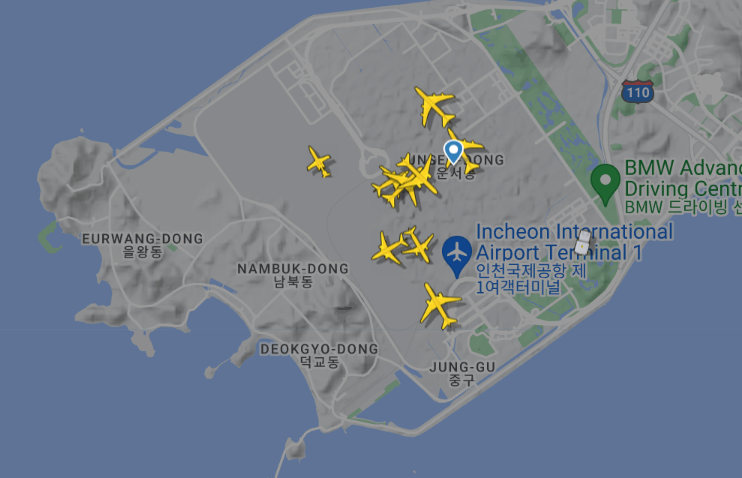  인천국제공항에서 이륙 대기 중인 항공기들  (flightradar24 홈페이지 갈무리)