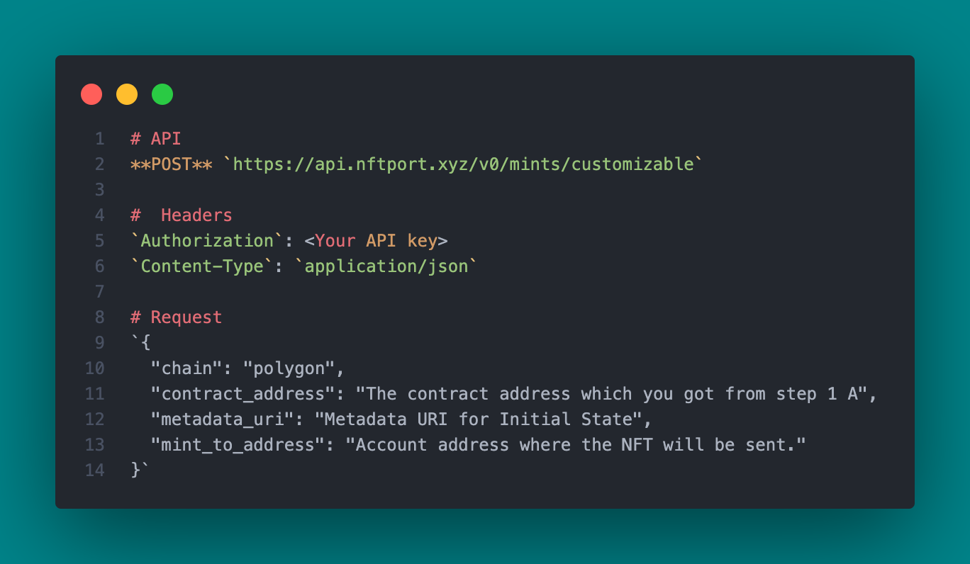 Screenshot of the API request for minting a DNFT with initial metadata.