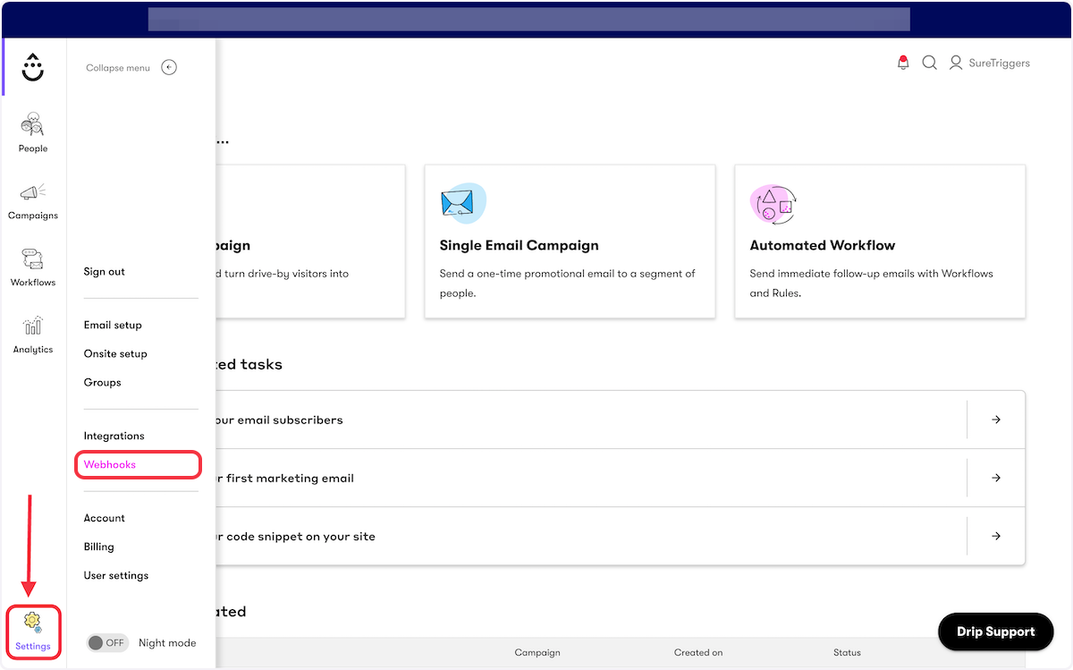 Navigate to Settings >> Webhooks.