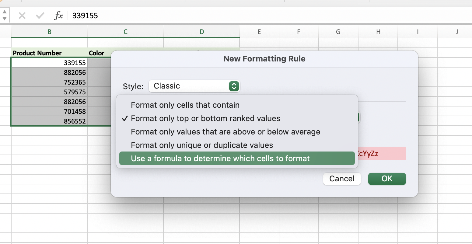 Formatting Rule table in Excel
