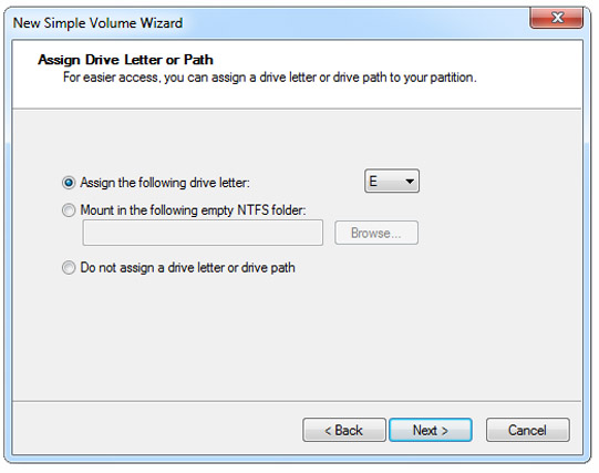 Enter the letter for your partition in the New Single Volume Wizard window