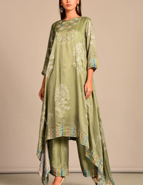 Laurel Green Silk Kaftan Kurti Set 