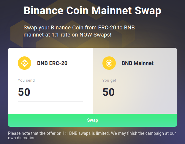 Binance Coin Mainnet Swap
