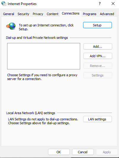 click LAN settings in the internet properties window