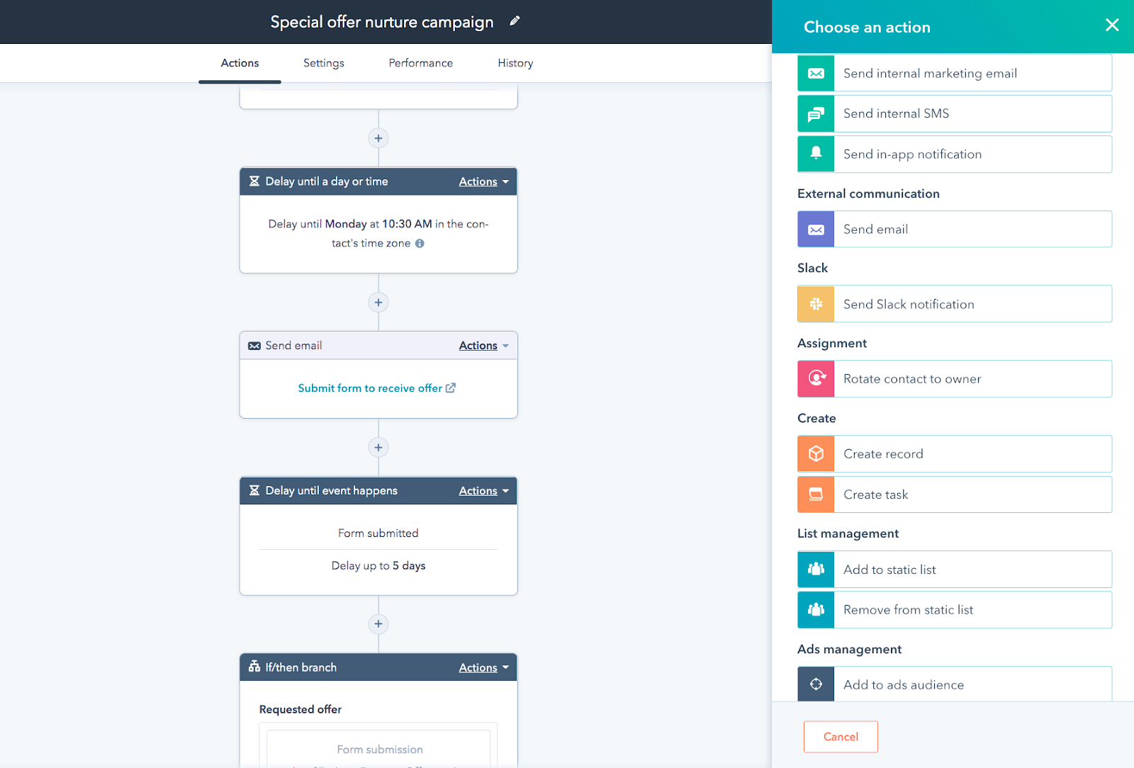 Visual workflow of actions you can take on HubSpot's dashboard.