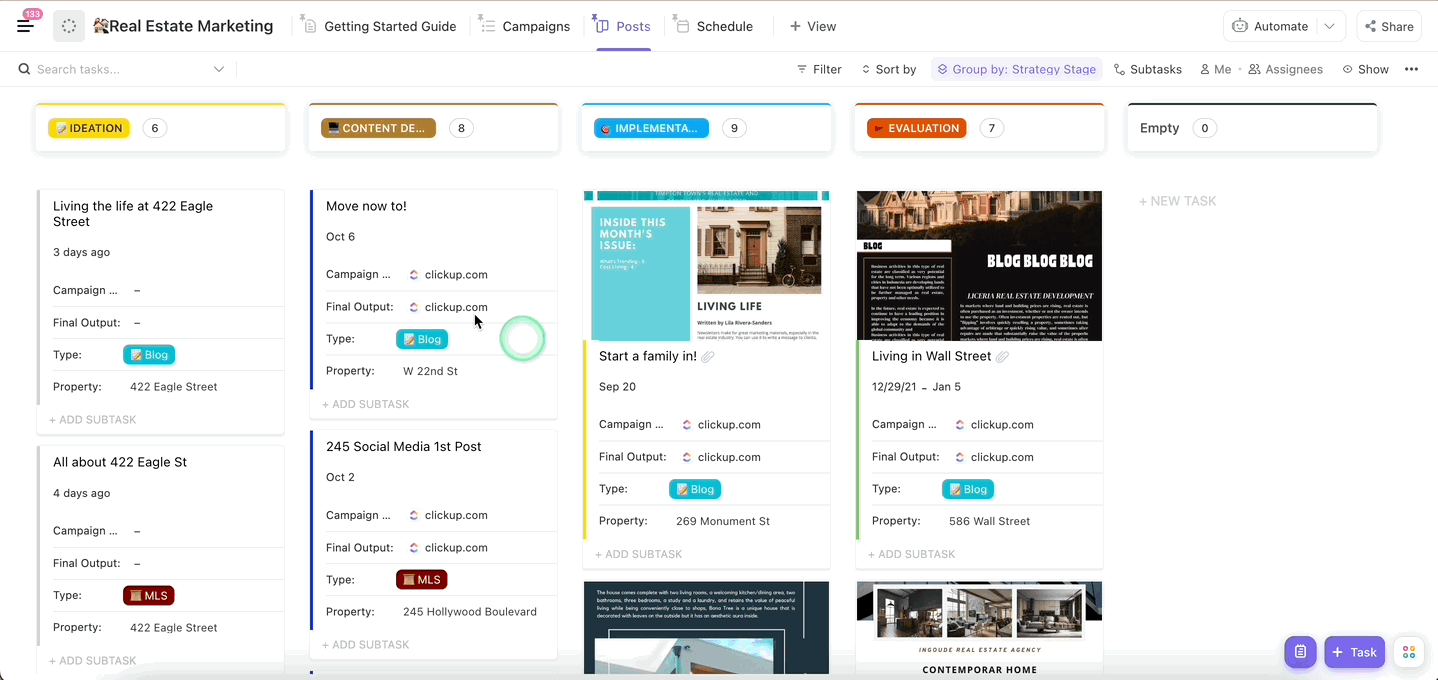 Posts Board View of ClickUp's Real Estate Marketing Template