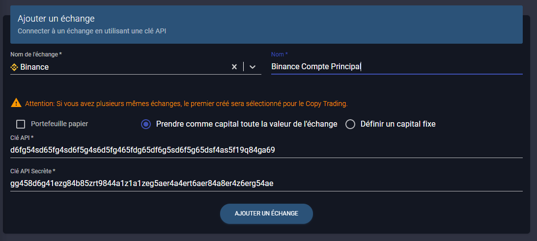 ajout d'un crypto échange tel que binance, bittrex, binance margin, kraken, huobi, bitfinex, bitmex