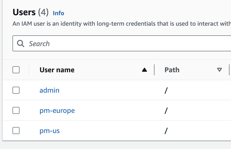 Creating three users with different permissions for the data lake implementation.