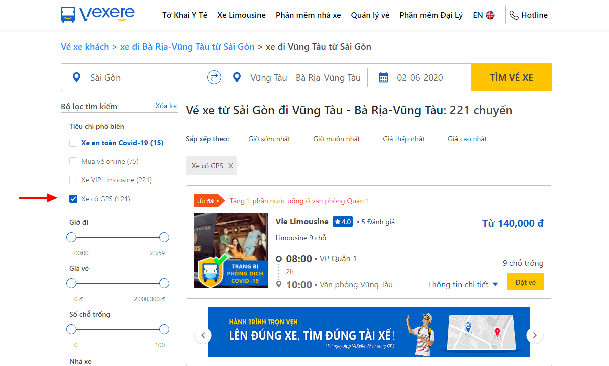 Sử dụng bộ lọc để tìm xe có hỗ trợ tích hợp hiển thị vị trí