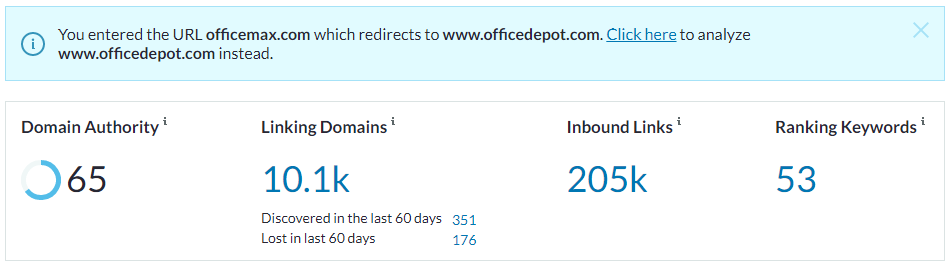 Domain authority of the Office Max website via Moz