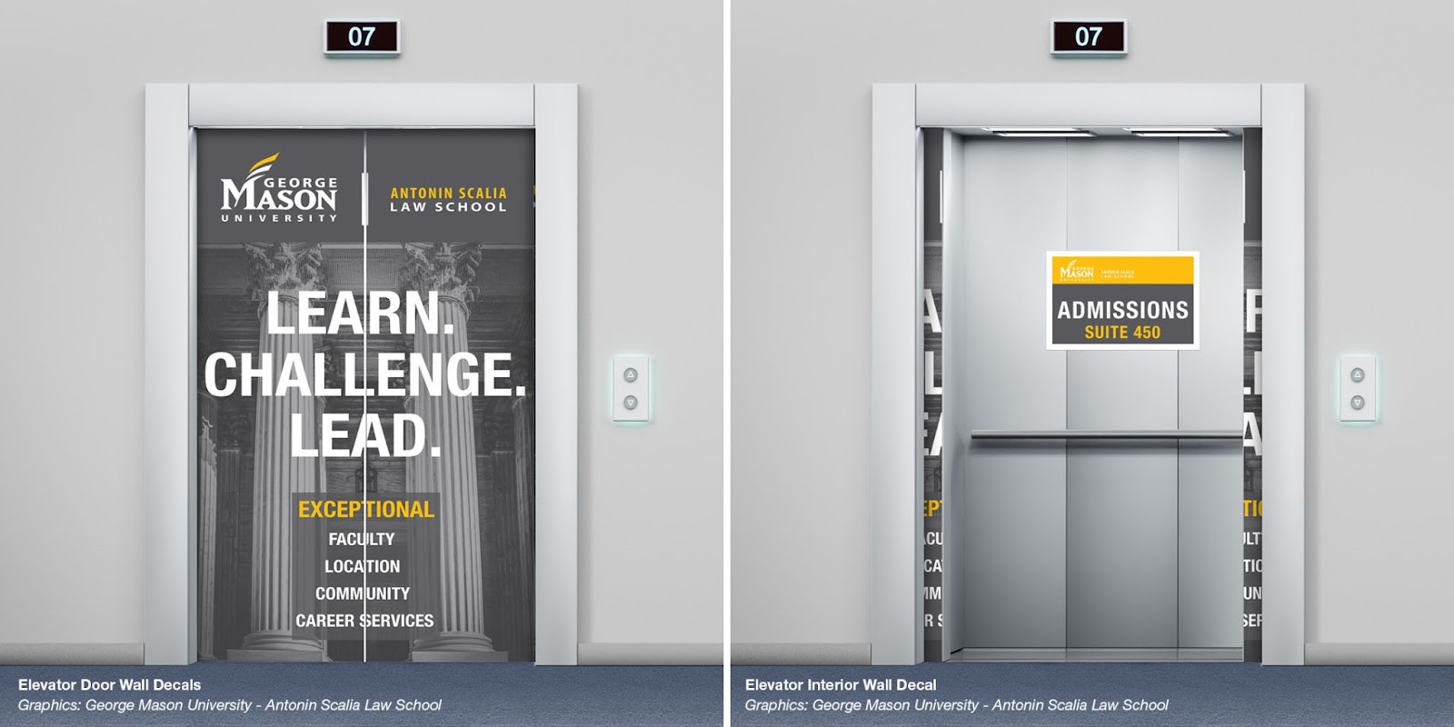 George Mason University branding applied as decals to elevator doors.  The second image shows the doors open to review an additional cling inside the elevator with directions to the Admissions Suite
