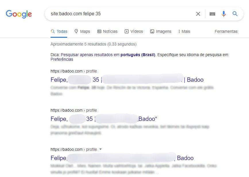Busca por usuários do Badoo no Google