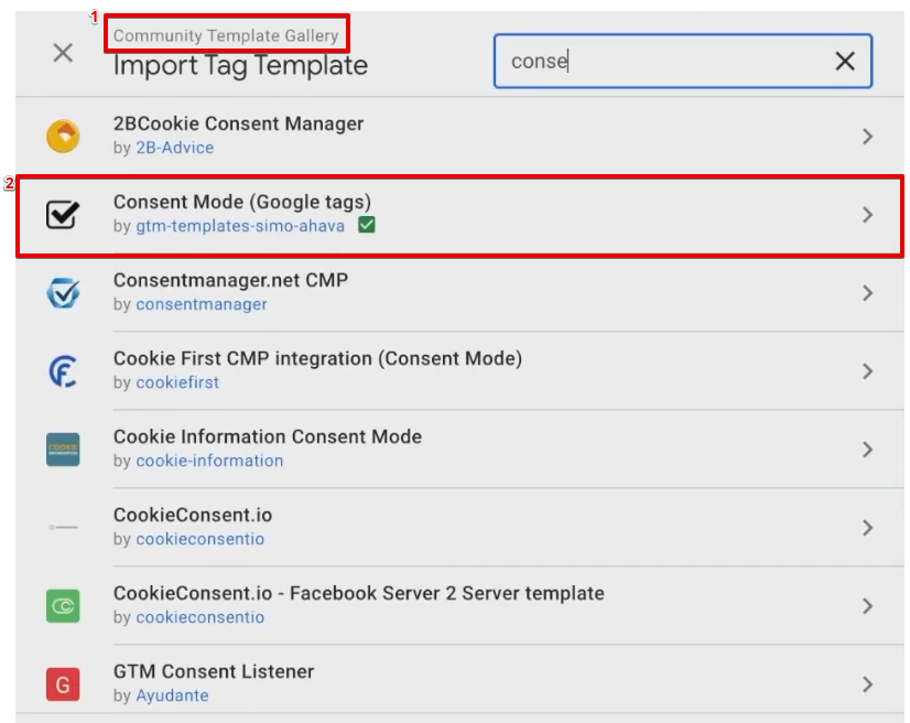 Configuring consent mode google tags type TAG from the community template gallery of GTM