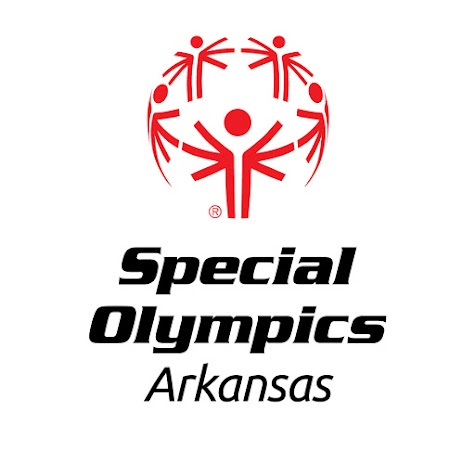 Caption: Special Olympics Red Logo with red stick figures in sphere shape and Special Olympics Arkansas in black bold font