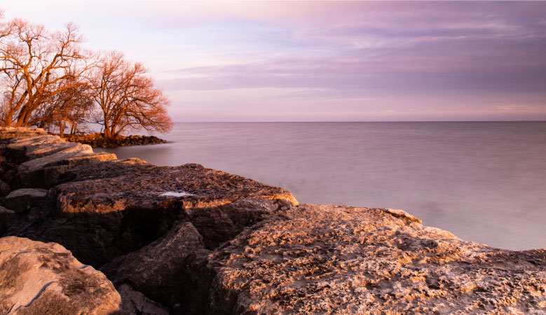 A peaceful early evening scene beside a lake in Mississauga, Ontario, Canada. The water is still and the sky is only starting to darken. A few bare-branch trees catch the last of the day’s sunlight.